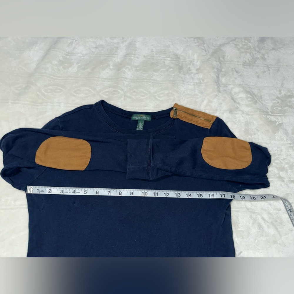 Lauren Ralph Lauren Long Sleeve Top Navy Blue with Brown Elbow‎ Patches LG - Picture 4 of 7